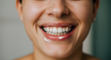 Fototapeta premium Woman smiling with white teeth and lip cream application for healthy smile and beauty dental care routine