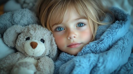 A young child snuggles under a soft blanket while resting next to a plush teddy bear, exuding warmth and innocence