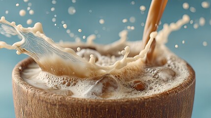 Delicious iced coffee pouring into a wooden cup with splashing effect and ice cubes