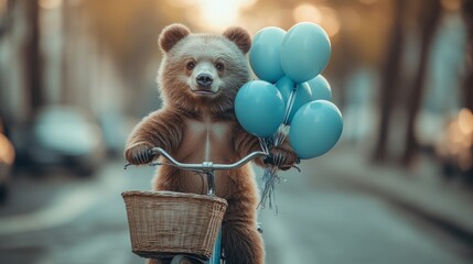 A bear joyfully rides a bicycle, clutching blue balloons, in a charming street bathed in warm golden light