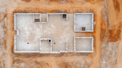Aerial view of a concrete building foundation at a construction site surrounded by dirt.