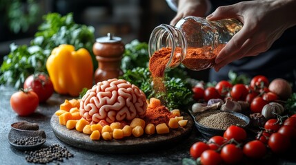 A unique dish shaped like a brain, adorned with fresh produce and spices