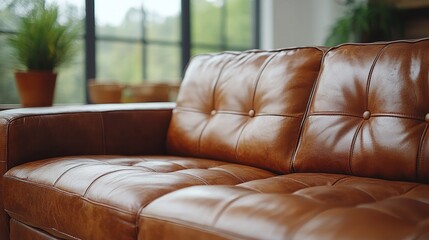 Luxurious leather couch invites relaxation, highlighting comfort in a stylish living space with abundant greenery