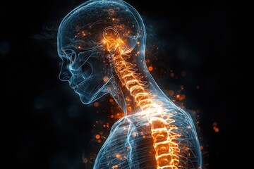 Illustrated representation of the human spine with glowing neural connections