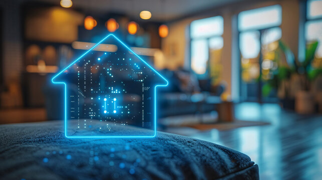 Futuristic smart home system powered by machine learning technology, featuring glowing interfaces for enhanced safety and intelligent automation.

