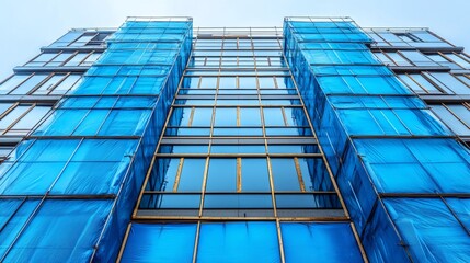 A modern building is undergoing renovations, covered in bright blue mesh