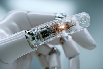 Close-up of a robotic hand with transparent components, showcasing intricate inner workings.  A glimpse into the future of technology.