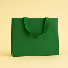 Green Shopping Bag Mockup – Matte Paper Bag with Handles on Yellow Background, High-Resolution Retail Packaging Template

