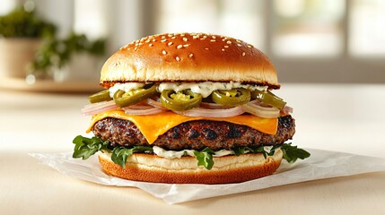 Gourmet cheeseburger bursting with toppings, including spicy jalapeÃ±os, cheddar melt, aioli spread, pickled onions, and golden toasted brioche bun, captured under soft daylight for food styling