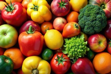 Arrangement of various fruits and vegetables, untouched , vibrant, discipline, concept