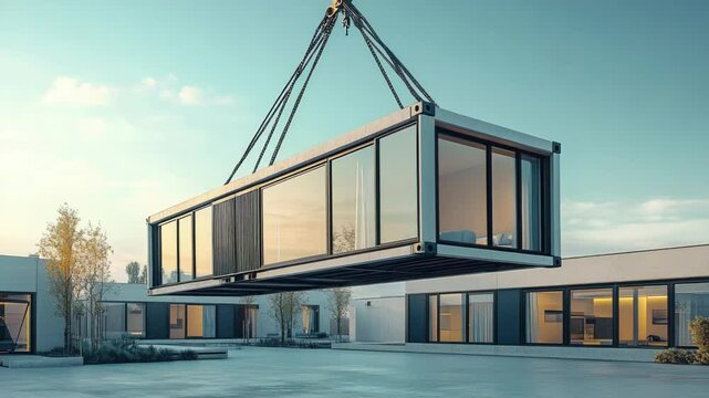 A modern modular home, a smart home with a modern design and built-in furniture, combining sustainability and efficiency in residential architecture, is installed by workers on a previously prepared s