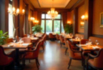 Obraz premium Generative AI image of an elegant restaurant interior ambiance with warm lighting and refined decor