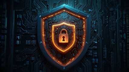 3D shield with glowing lock icon and circuit board textures in the background