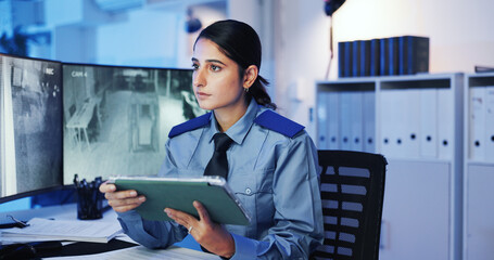 Security guard, watching and woman with tablet, cctv screen or footage in night shift for video...