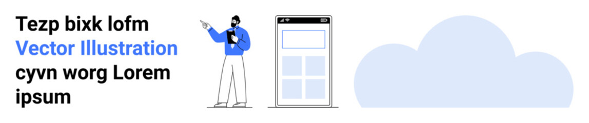 Person holding a tablet presenting mobile interface design next to a cloud symbol. Ideal for app development, cloud computing, business solutions, presentations, tech services, UIUX concepts, simple