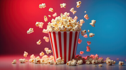 A delightful popcorn bucket pops against a red and blue background, capturing the excitement and joy of a cinema experience.

