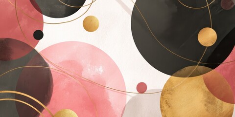 Abstract design with overlapping circles in rosy, black, and gold tones.
