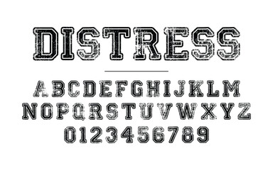 Distress college font. Vintage sport font in american style for football, baseball or basketball logos and t-shirt. Athletic department typeface, varsity style font. Vector	