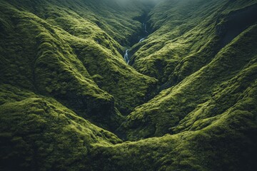 Lush green valley with flowing stream under soft morning light in Iceland