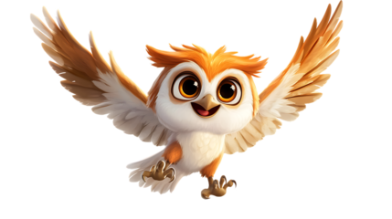 Cheerful owl character soaring in the sky.