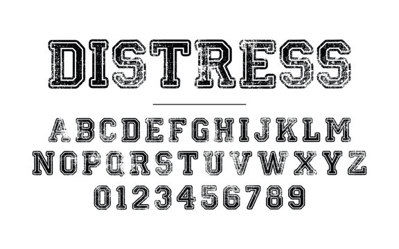 Distress college font. Vintage sport font in american style for football, baseball or basketball logos and t-shirt. Athletic department typeface, varsity style font. Vector	