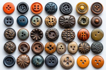 Obraz premium A captivating collection of vintage buttons showcasing unique textures and colors arranged on a
