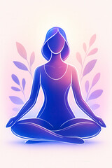 Silhouette of a Woman Meditating in the Lotus Position with Gradient Glitter and Botanical Elements. Illustration of Meditation and Inner Peace. Logo style. 