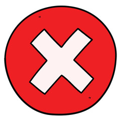 Hand drawn cartoon white cross in red circle on white background.