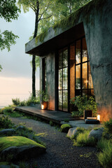 Terrasse moderne avec mobilier &eacute;l&eacute;gant et am&eacute;nagement paysager min&eacute;ral dans un cadre architectural contemporain