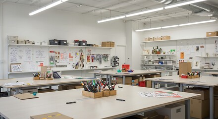 Spacious and well-lit art studio, complete with tables and drawing supplies, ready to create.
