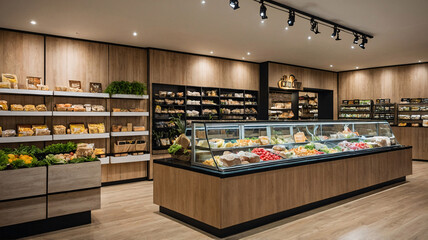 Fototapeta premium stylish grocery store in minimalist design neutral beige colors featuring fresh fruits vegetables and healthy food display Premium Store Interior Photography
