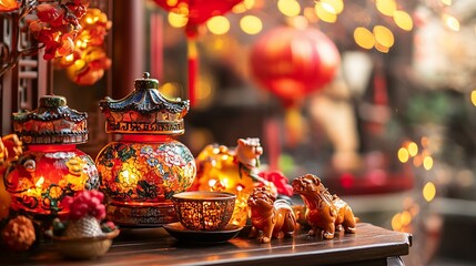 Naklejka premium Festive Chinese decor with lanterns, pottery, and a cup set against blurred lights