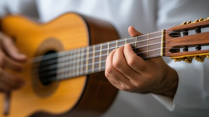 Obraz premium A person playing an acoustic guitar, focusing on the hands and strings in a close-up shot.