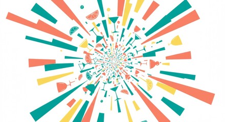 Fototapeta premium Burst of abstract cocktail elements (glasses, citrus slices, bubbles) in bold colors—teal, coral, yellow. Clean vector icons placed in a radial or scattered composition