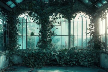 Overgrown abandoned greenhouse with large windows, showcasing nature reclaiming a structure.