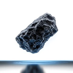 Floating Black Rock with Textured Surface Above Calm Water Surface Against White Background