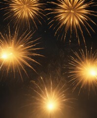 Golden fireworks burst, vibrant yellow flames, wide angle view , magnificent, sky