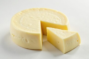 Artisan wheel of creamy white cheese on white background, cheese texture, portion, piece