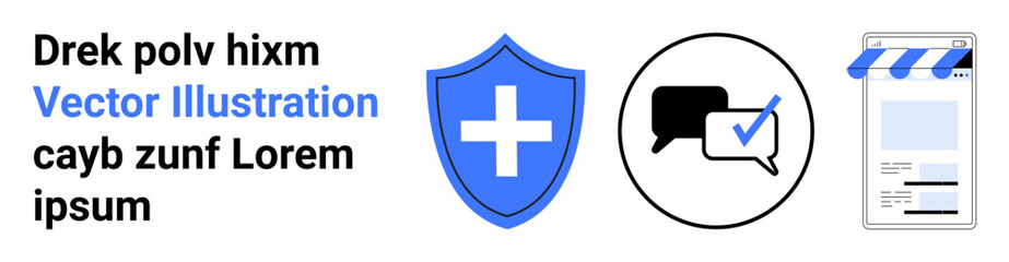 Shield with medical cross, chat bubbles with checkmark, storefront on mobile screen. Ideal for healthcare, communication, security, e-commerce, insurance, telemedicine simple landing page