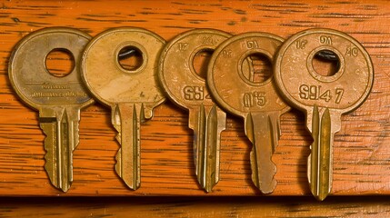 A row of vintage brass keys lined up against a warm wooden background