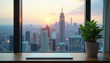 Blurred cityscape view from window, single plant on desk , skyline, apartment, background