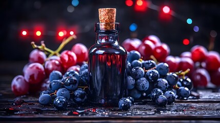 Elegant Glass Bottle with Cork Surrounded by Fresh Purple Grapes and Glimmering Decorative Lights