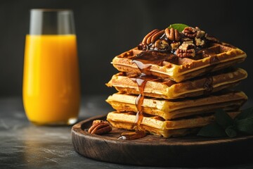 Delicious stack of waffles topped with pecans and syrup next to a refreshing glass of orange juice