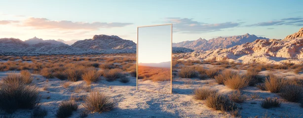 Fotobehang Surreal mirror in the middle of a desert landscape with mountains. © Ina Krel