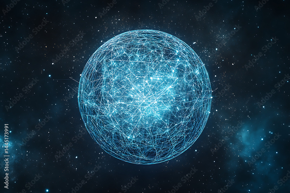 Poster planet earth in space , binary code technology , glowing sphere on black background