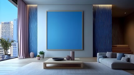 Modern Apartment Interior Featuring Vibrant Blue Artwork and Contemporary Design Elements