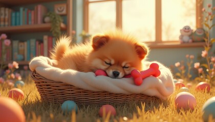 Adorable Pomeranian Puppy Sleeping Peacefully in a Basket Surrounded by Easter Eggs