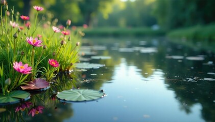 Delicate floral pattern of wildflowers reflected in still lake water , vibrant, lake
