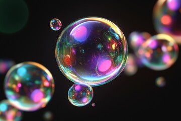 Colorful soap bubbles float gracefully in dark background capturing light reflections and hues beautifully