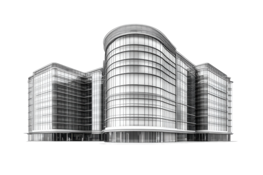 Modern Glass Office Building Architectural Design Model 3d city urban metal lines facade render on transparent background
